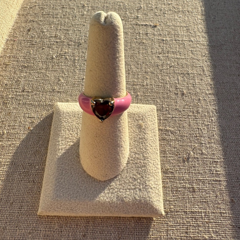 Pink enamel heart ring size 7